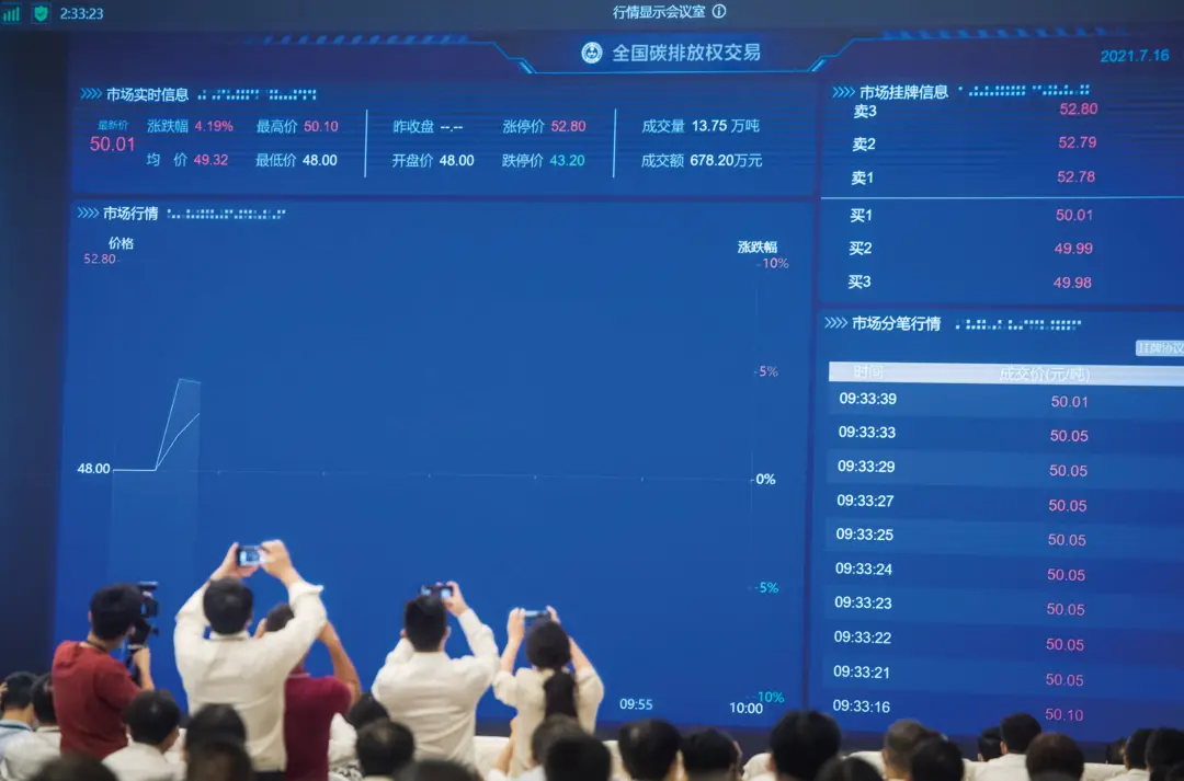 2021年7月16日，全國碳排放權(quán)交易市場上線交易啟動儀式以視頻連線形式舉行，在北京設(shè)主會場，在上海和湖北設(shè)分會場。圖/新華